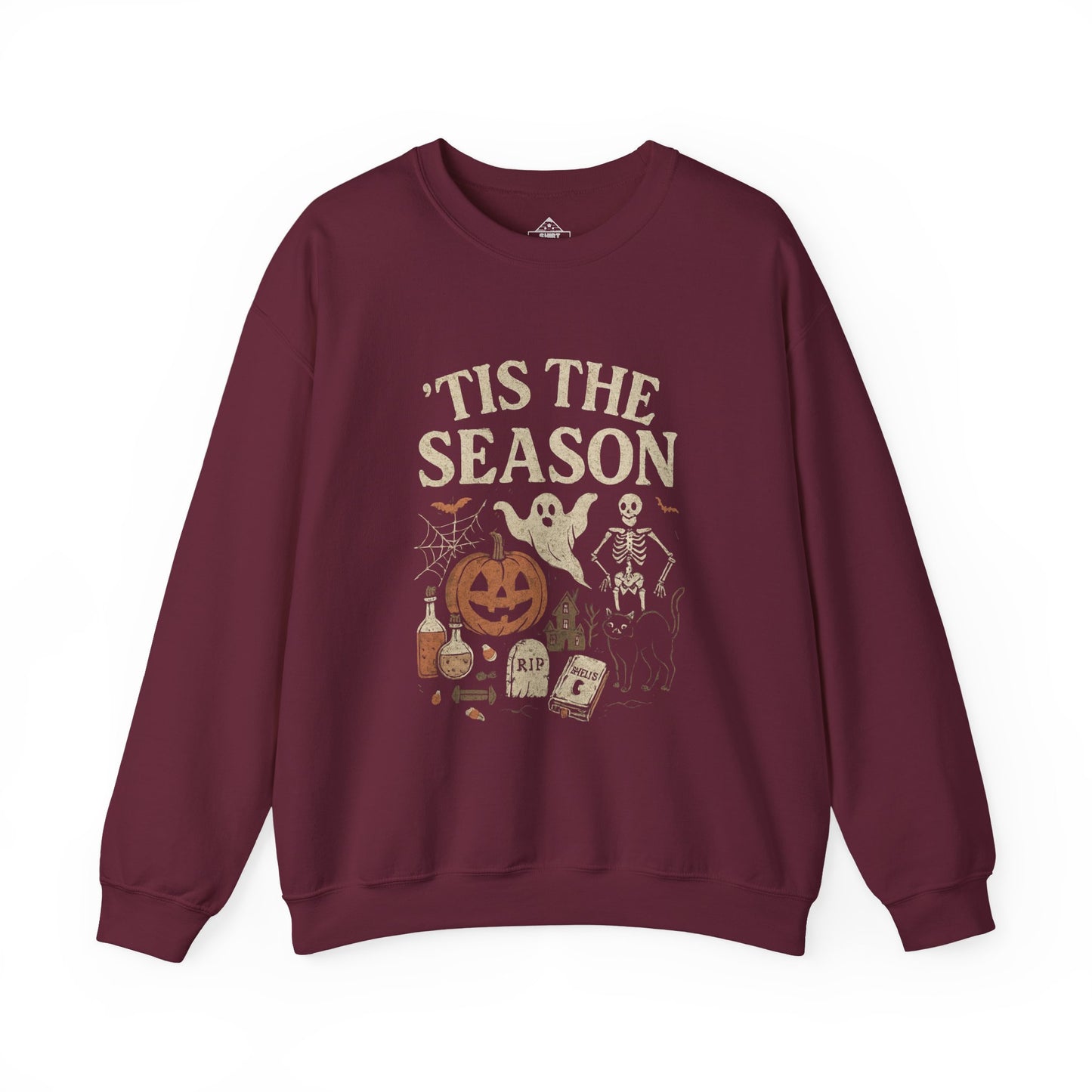 ‘Tis the Season Halloween T‑Shirt | Vintage Spooky Season Shirt with Ghost, Skeleton & Pumpkin | Retro Halloween Graphic Tee for Fall