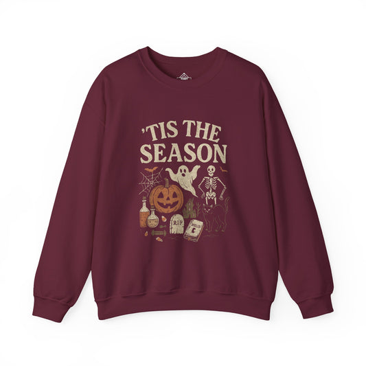 ‘Tis the Season Halloween T‑Shirt | Vintage Spooky Season Shirt with Ghost, Skeleton & Pumpkin | Retro Halloween Graphic Tee for Fall