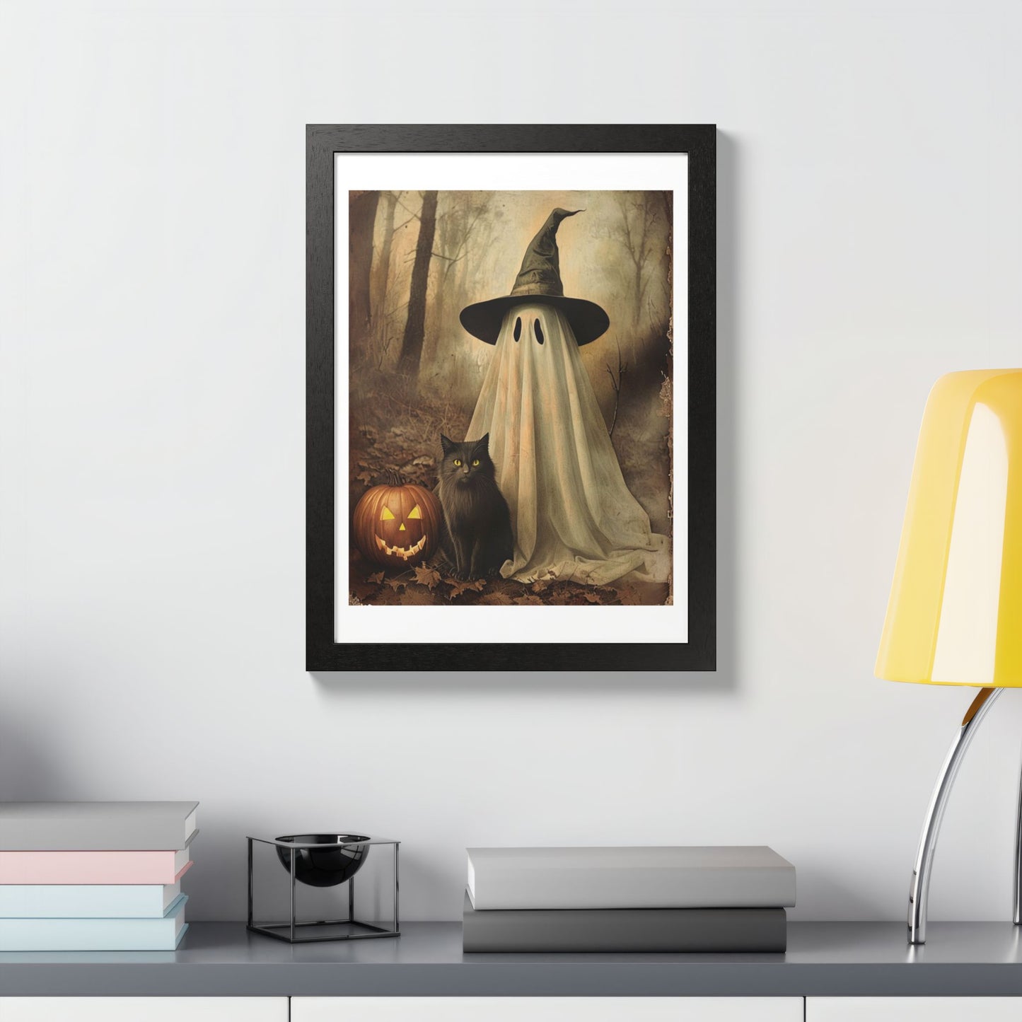 Halloween Framed Poster, Ghost and Cat Art, Spooky Home Decor, Fall Decoration, Trick or Treat, Halloween Wall Art, Framed Print