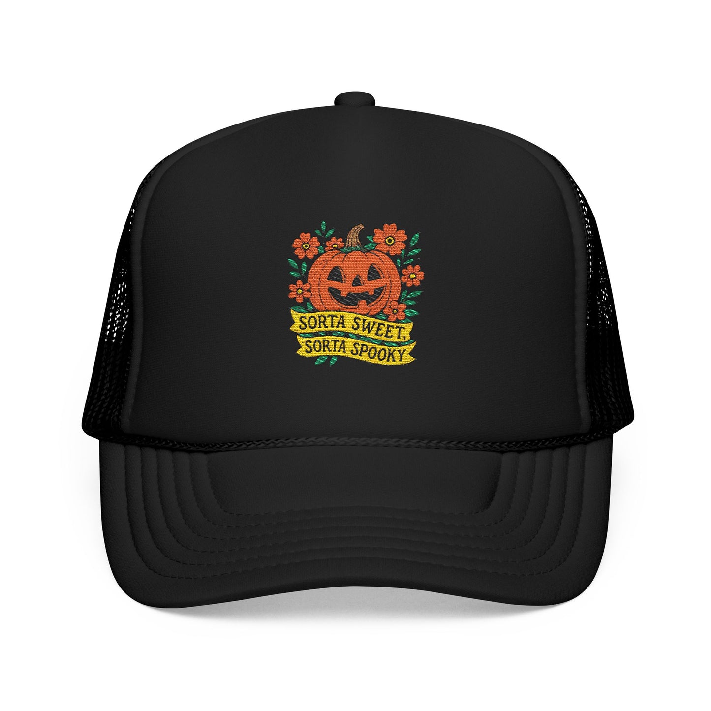 Cute Pumpkin Design – Sorta Sweet, Sorta Spooky Halloween Artwork Trucker Hat Embroidered