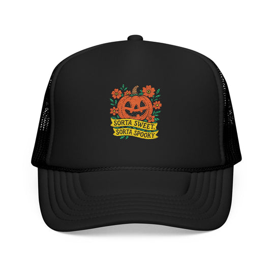 Cute Pumpkin Design – Sorta Sweet, Sorta Spooky Halloween Artwork Trucker Hat Embroidered