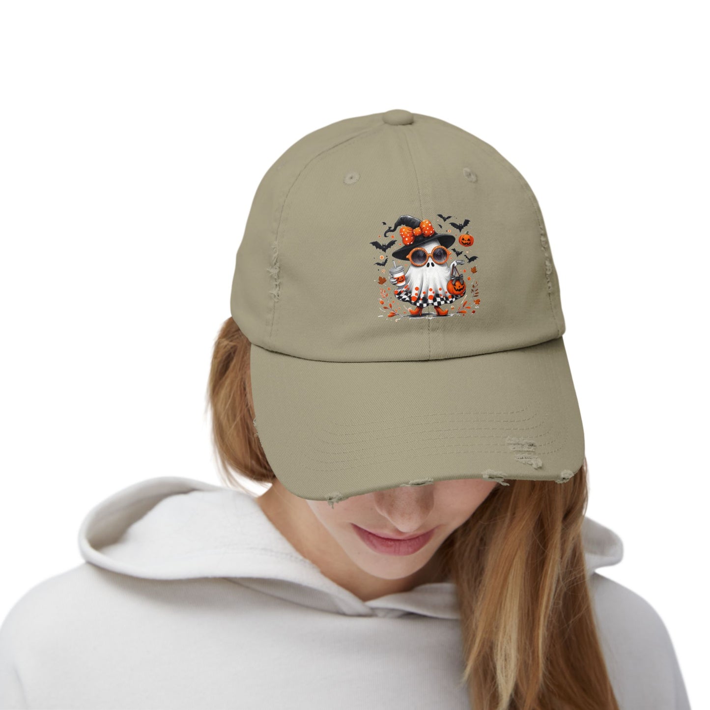 Cute Halloween Ghost  | Trendy Witch Ghost Outfit | Spooky Fall Shirt for Women | Pumpkin Aesthetic Halloween Apparel Gift Distressed cap
