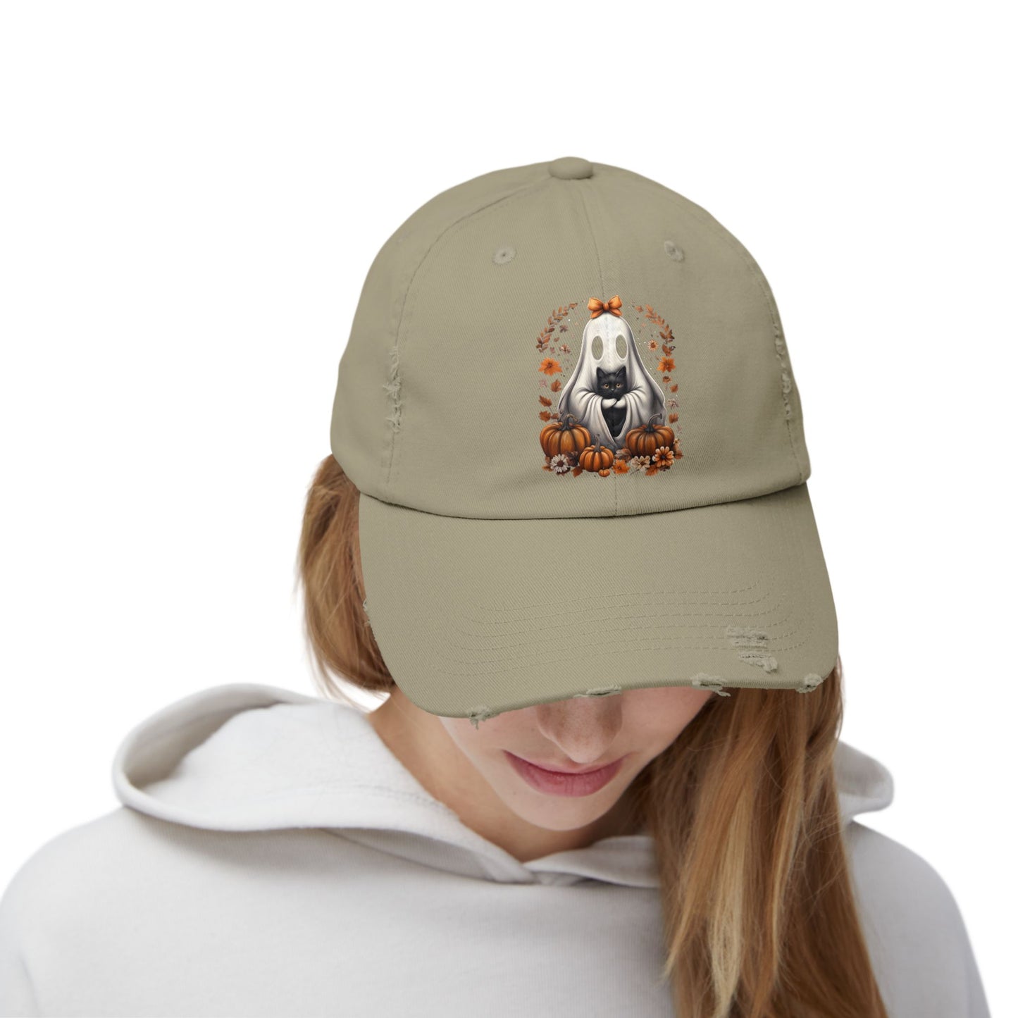 Cute Ghost and Black Cat Halloween T-Shirt | Cozy Fall Pumpkin Shirt | Spooky Season Aesthetic Apparel Gift for Halloween Lovers Distressed cap