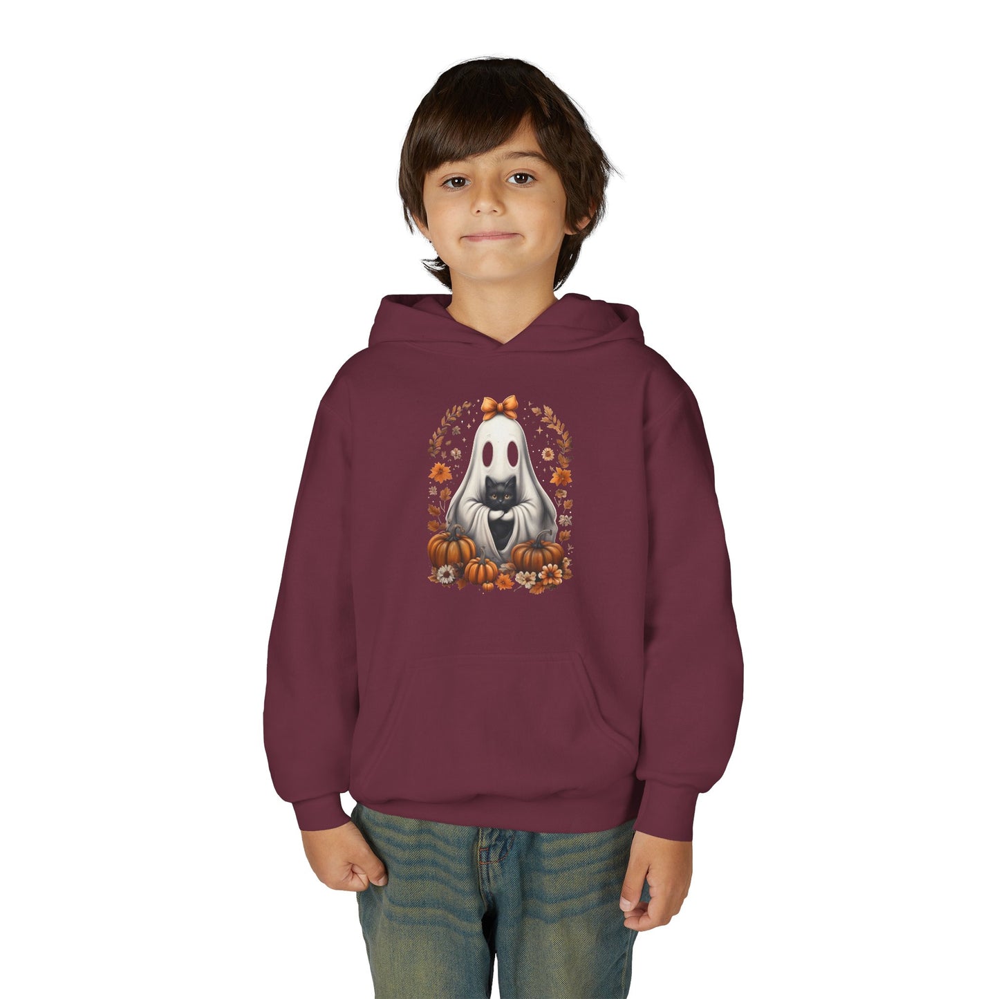 Cute Ghost and Black Cat Halloween T-Shirt | Cozy Fall Pumpkin Shirt | Spooky Season Aesthetic Apparel Gift for Halloween Lovers Kids Hoodie