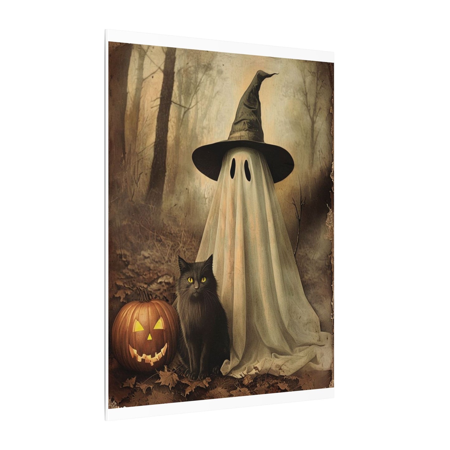 Halloween Ghost Art Canvas Print, Spooky Home Decor, Cat & Pumpkin Wall Art, Witchy Vibe, Fall Season Decoration, Trick or Treat, Canvas Print