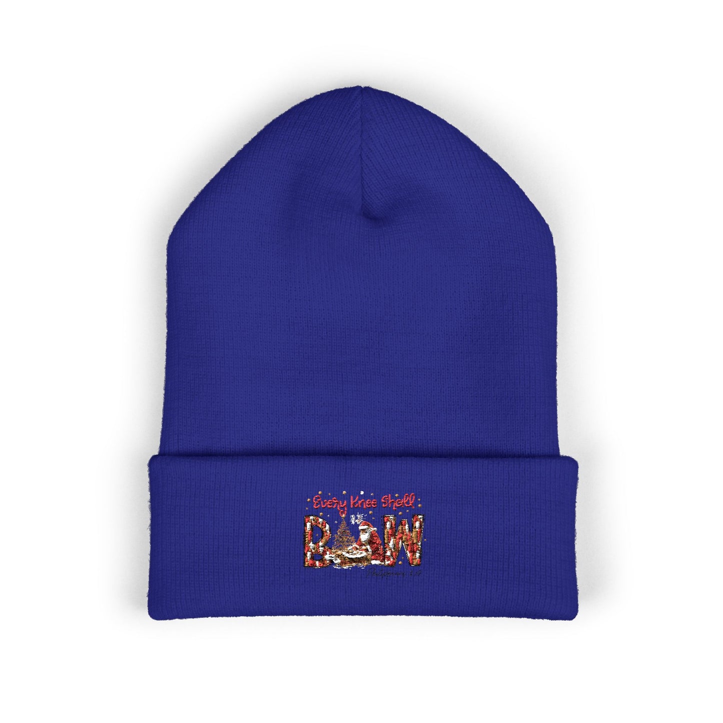 Every Knee Shall Bow Philippians 2:10 | Christian Christmas Design with Santa & Baby Jesus | Faith-Based Holiday Gift Cuffed Beanie