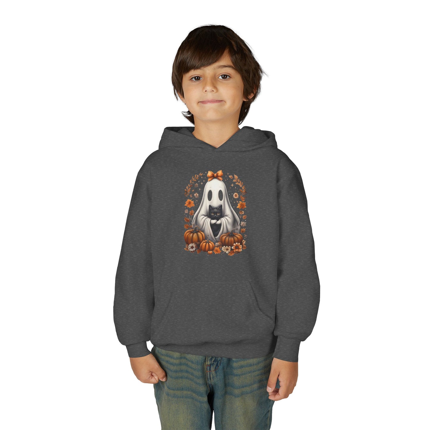 Cute Ghost and Black Cat Halloween T-Shirt | Cozy Fall Pumpkin Shirt | Spooky Season Aesthetic Apparel Gift for Halloween Lovers Kids Hoodie