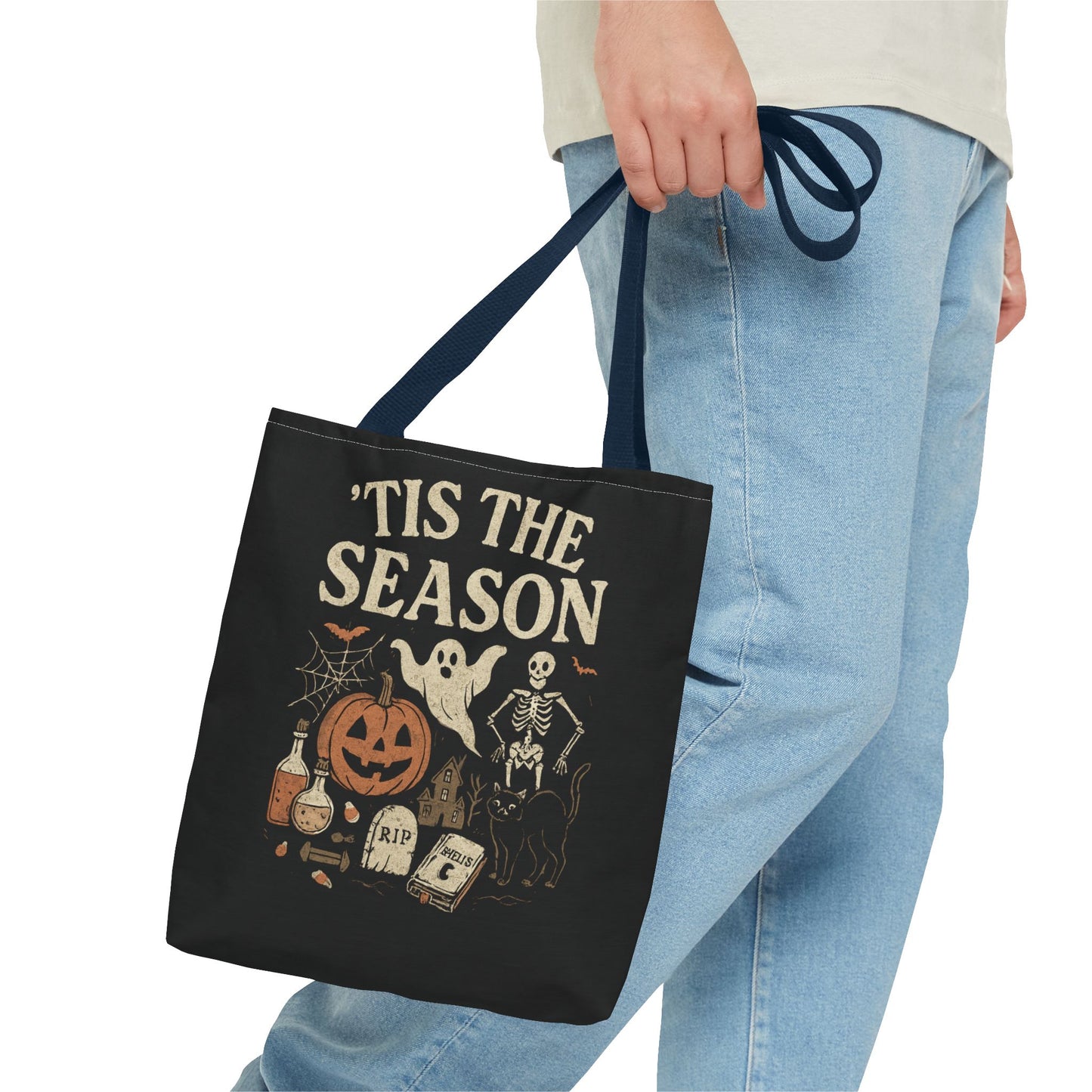 'Tis the Season Halloween Tote Bag, Spooky Bag, Trick or Treat Bag, Autumn Accessories, Ghost & Pumpkin Design Tote Bags