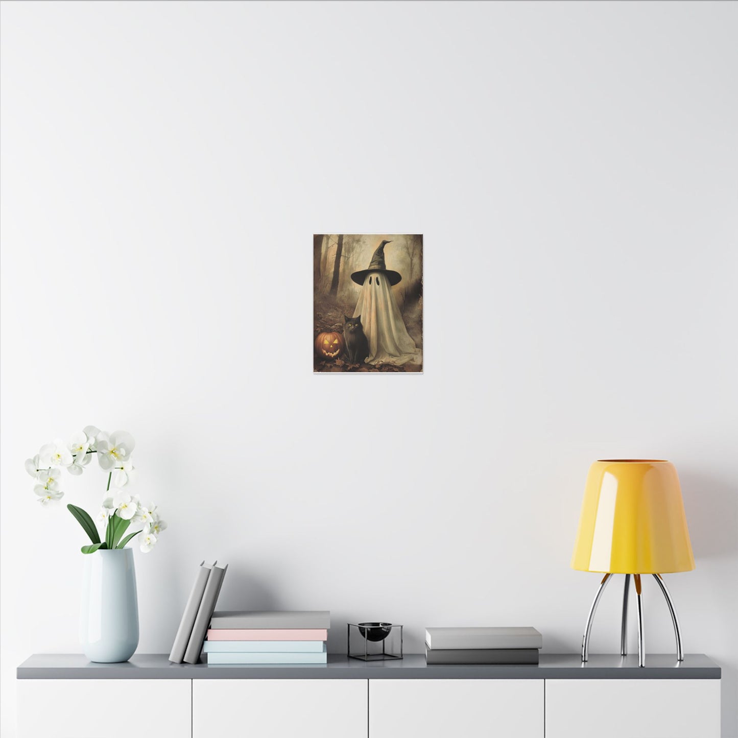 Halloween Ghost Art Canvas Print, Spooky Home Decor, Cat & Pumpkin Wall Art, Witchy Vibe, Fall Season Decoration, Trick or Treat, Canvas Print