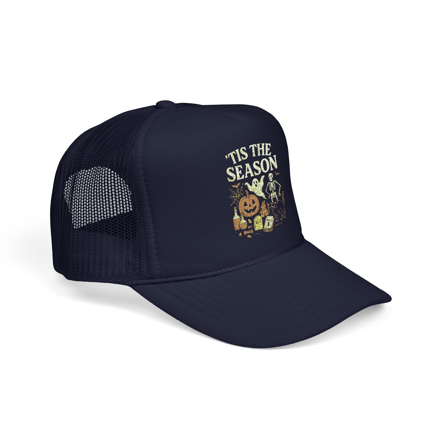 ‘Tis the Season Halloween T‑Shirt | Vintage Spooky Season Shirt with Ghost, Skeleton & Pumpkin | Retro Halloween Graphic Tee for Fall Trucker Hat Embroidered