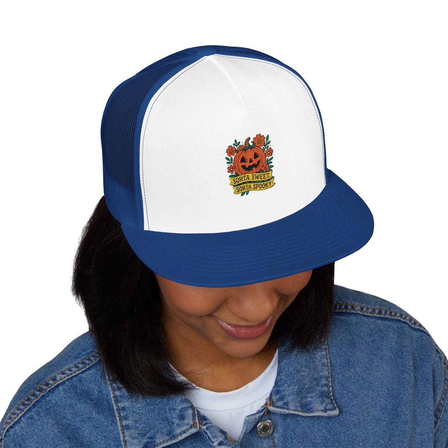 Cute Pumpkin Design – Sorta Sweet, Sorta Spooky Halloween Artwork 5 Panel Trucker