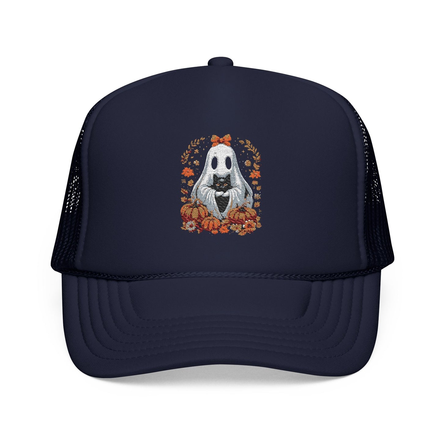 Cute Ghost and Black Cat Halloween T-Shirt | Cozy Fall Pumpkin Shirt | Spooky Season Aesthetic Apparel Gift for Halloween Lovers Trucker Hat Embroidered