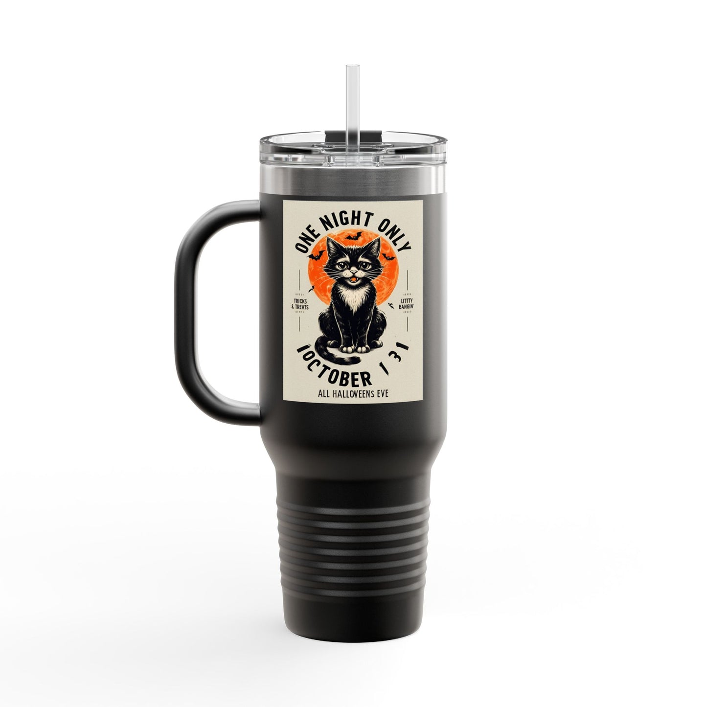 Halloween Black Cat Design | One Night Only October 31 Vintage Artwork Travel Mug