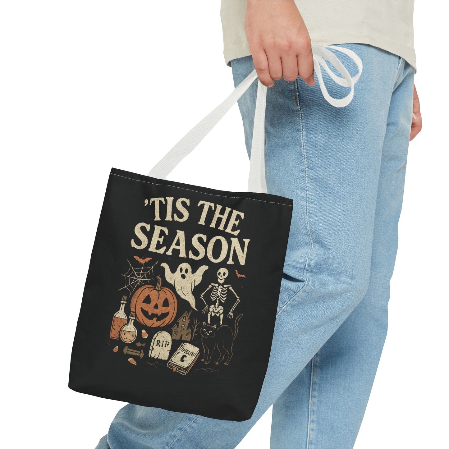 'Tis the Season Halloween Tote Bag, Spooky Bag, Trick or Treat Bag, Autumn Accessories, Ghost & Pumpkin Design Tote Bags