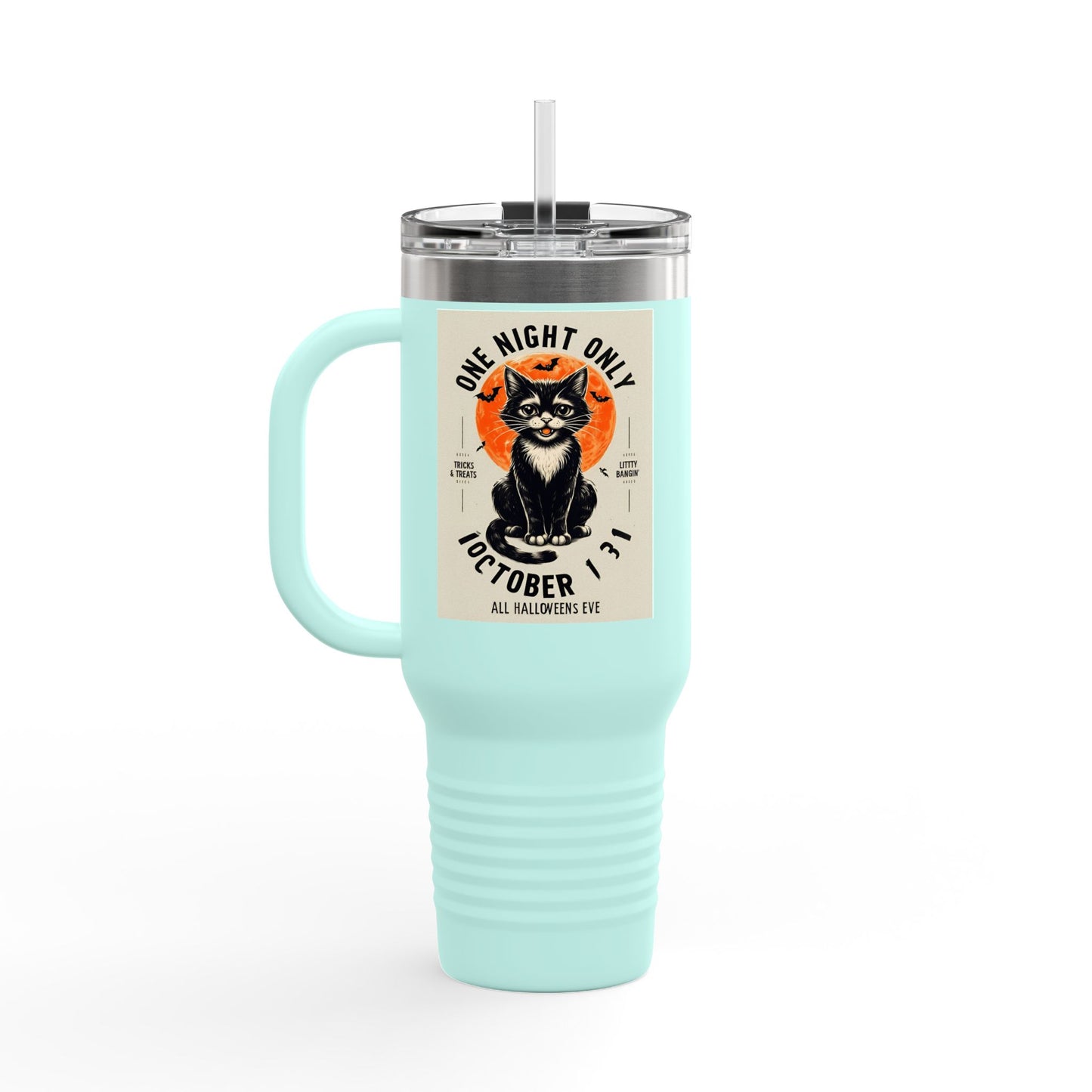 Halloween Black Cat Design | One Night Only October 31 Vintage Artwork Travel Mug