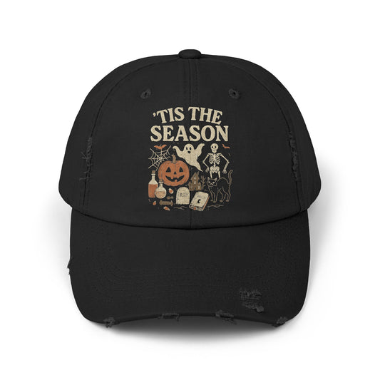 ‘Tis the Season Halloween  | Vintage Spooky Season Shirt with Ghost, Skeleton & Pumpkin | Retro Halloween Graphic Tee for Fall Distressed cap