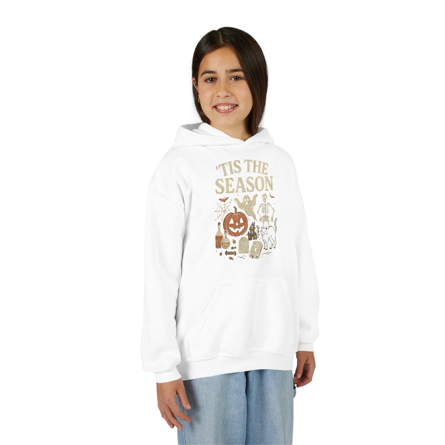 ‘Tis the Season Halloween  | Vintage Spooky Season Shirt with Ghost, Skeleton & Pumpkin | Retro Halloween Graphic Tee for Fall Kids Hoodie