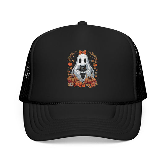 Cute Ghost and Black Cat Halloween T-Shirt | Cozy Fall Pumpkin Shirt | Spooky Season Aesthetic Apparel Gift for Halloween Lovers Trucker Hat Embroidered