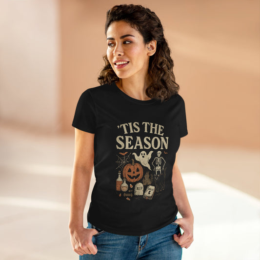 ‘Tis the Season Halloween T‑Shirt | Vintage Spooky Season Shirt with Ghost, Skeleton & Pumpkin | Retro Halloween Graphic Tee for Fall