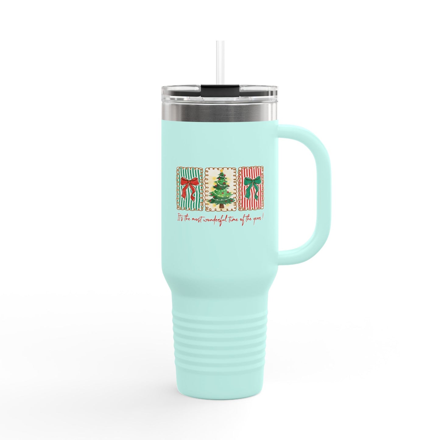 Festive Christmas Tree & Bow Design | It’s the Most Wonderful Time of the Year – Holiday Shirt, Mug, Tote & Home Decor Travel Mug