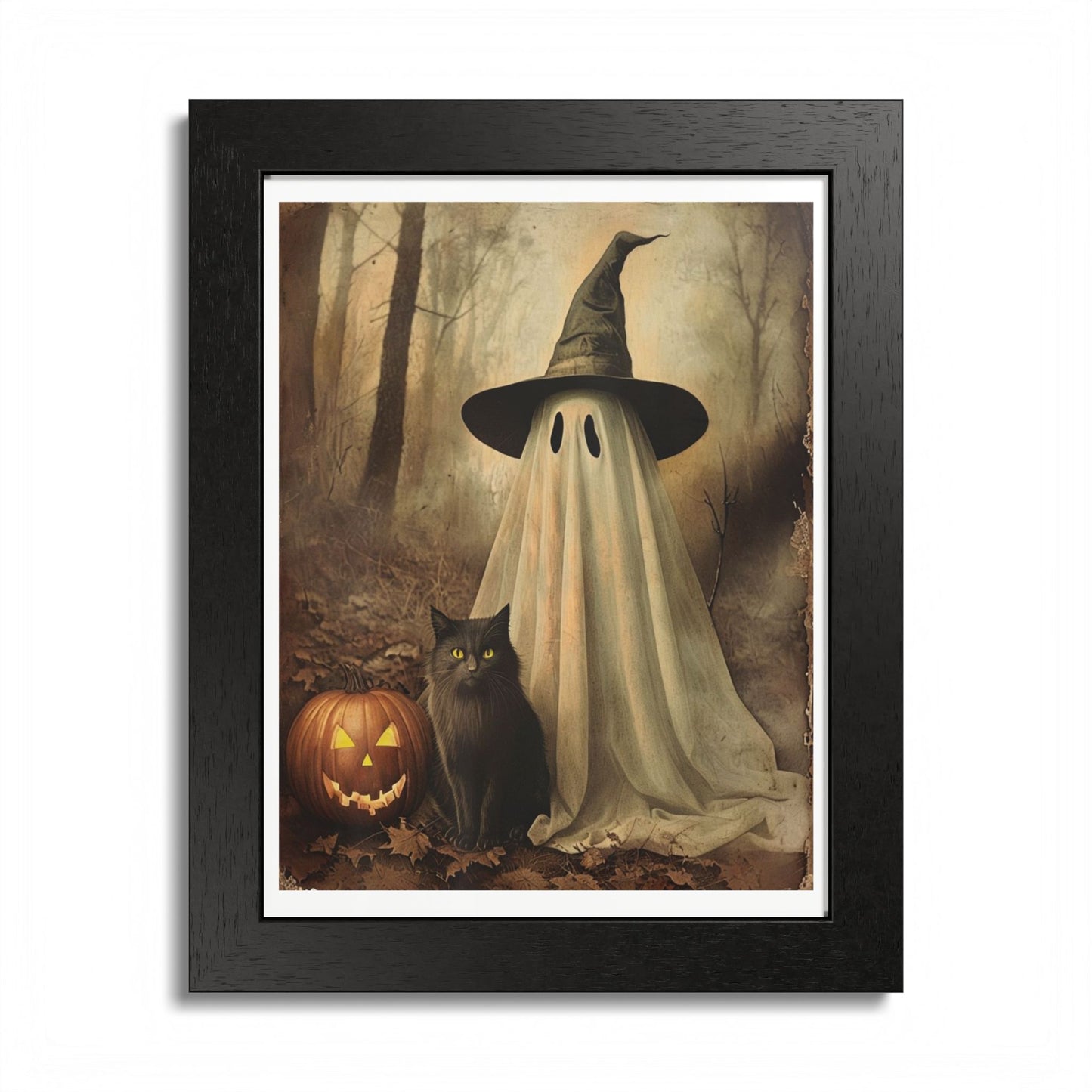 Halloween Framed Poster, Ghost and Cat Art, Spooky Home Decor, Fall Decoration, Trick or Treat, Halloween Wall Art, Framed Print