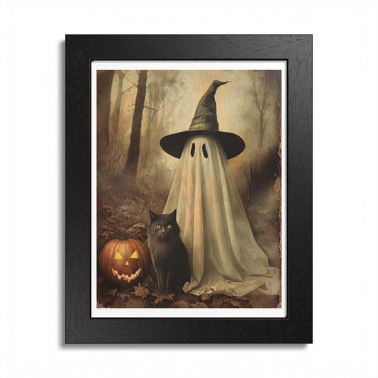 Halloween Framed Poster, Ghost and Cat Art, Spooky Home Decor, Fall Decoration, Trick or Treat, Halloween Wall Art, Framed Print