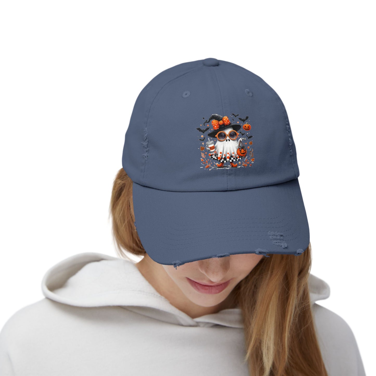 Cute Halloween Ghost  | Trendy Witch Ghost Outfit | Spooky Fall Shirt for Women | Pumpkin Aesthetic Halloween Apparel Gift Distressed cap