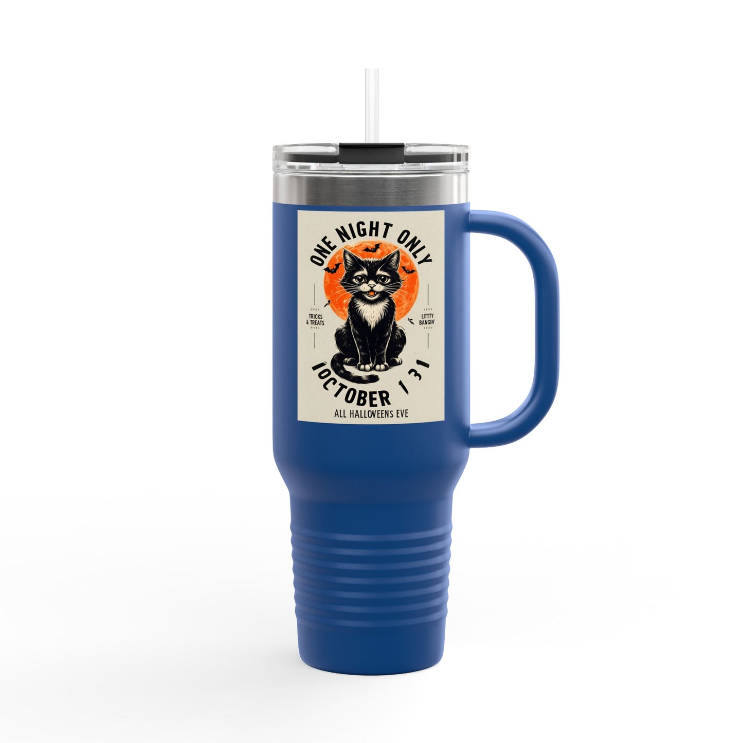 Halloween Black Cat Design | One Night Only October 31 Vintage Artwork Travel Mug