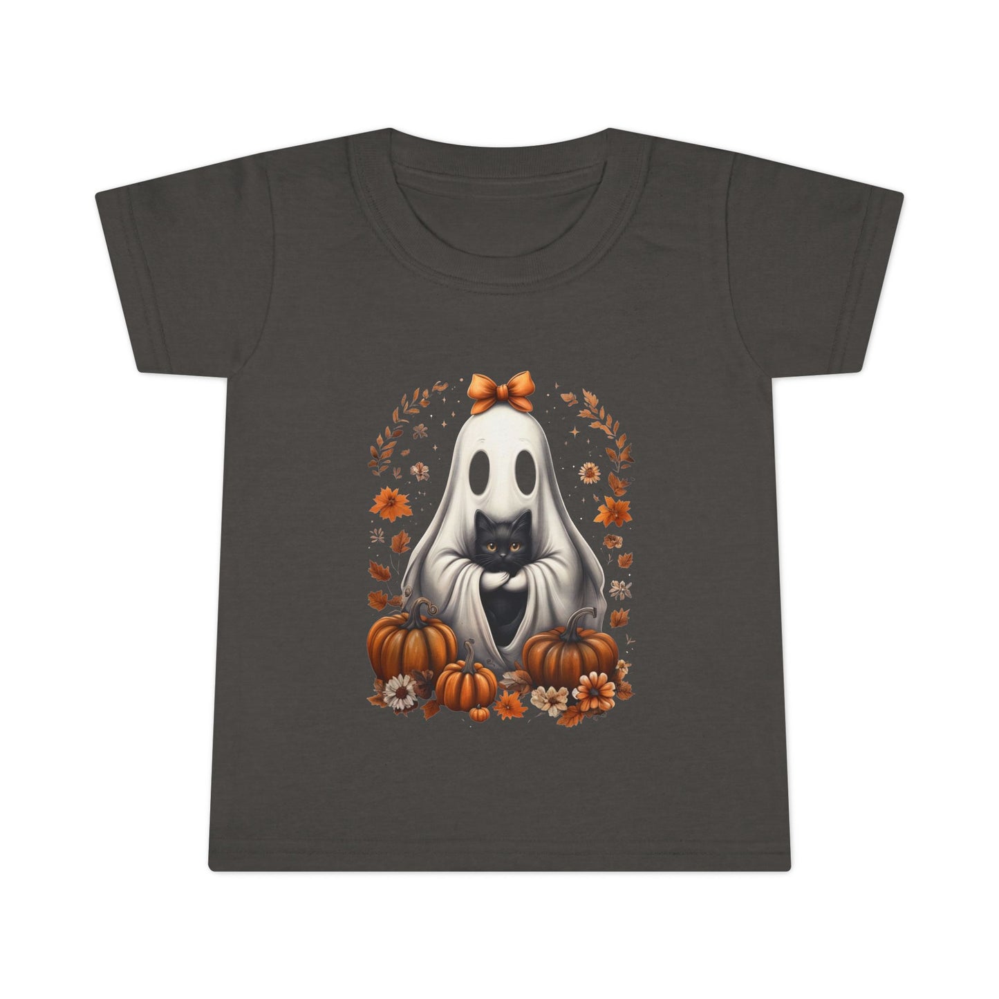 Cute Ghost and Black Cat Halloween T-Shirt | Cozy Fall Pumpkin Shirt | Spooky Season Aesthetic Apparel Gift for Halloween Lovers Toddler T-Shirt