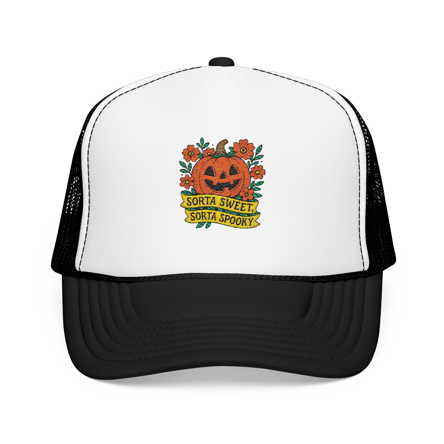 Cute Pumpkin Design – Sorta Sweet, Sorta Spooky Halloween Artwork Trucker Hat Embroidered