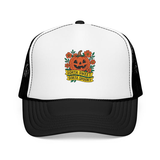 Cute Pumpkin Design – Sorta Sweet, Sorta Spooky Halloween Artwork Trucker Hat Embroidered