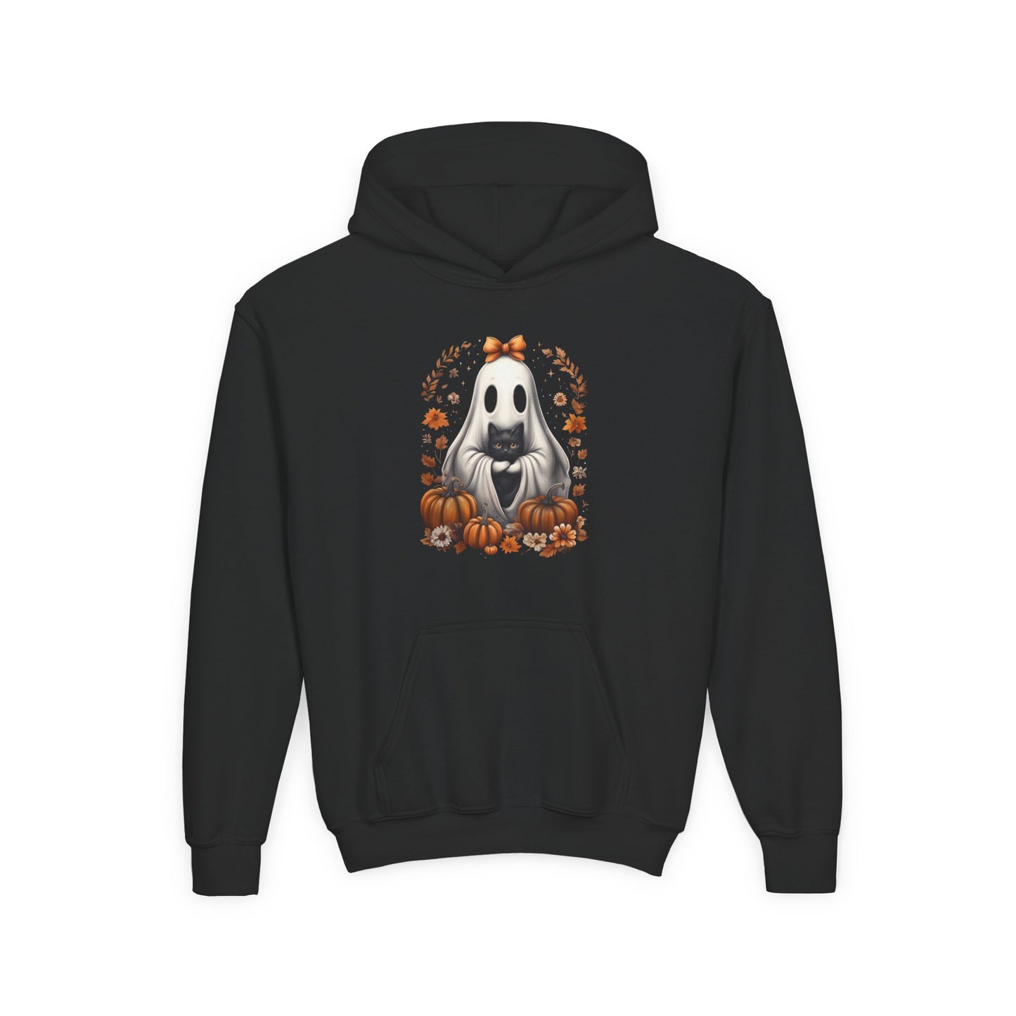 Cute Ghost and Black Cat Halloween T-Shirt | Cozy Fall Pumpkin Shirt | Spooky Season Aesthetic Apparel Gift for Halloween Lovers Kids Hoodie