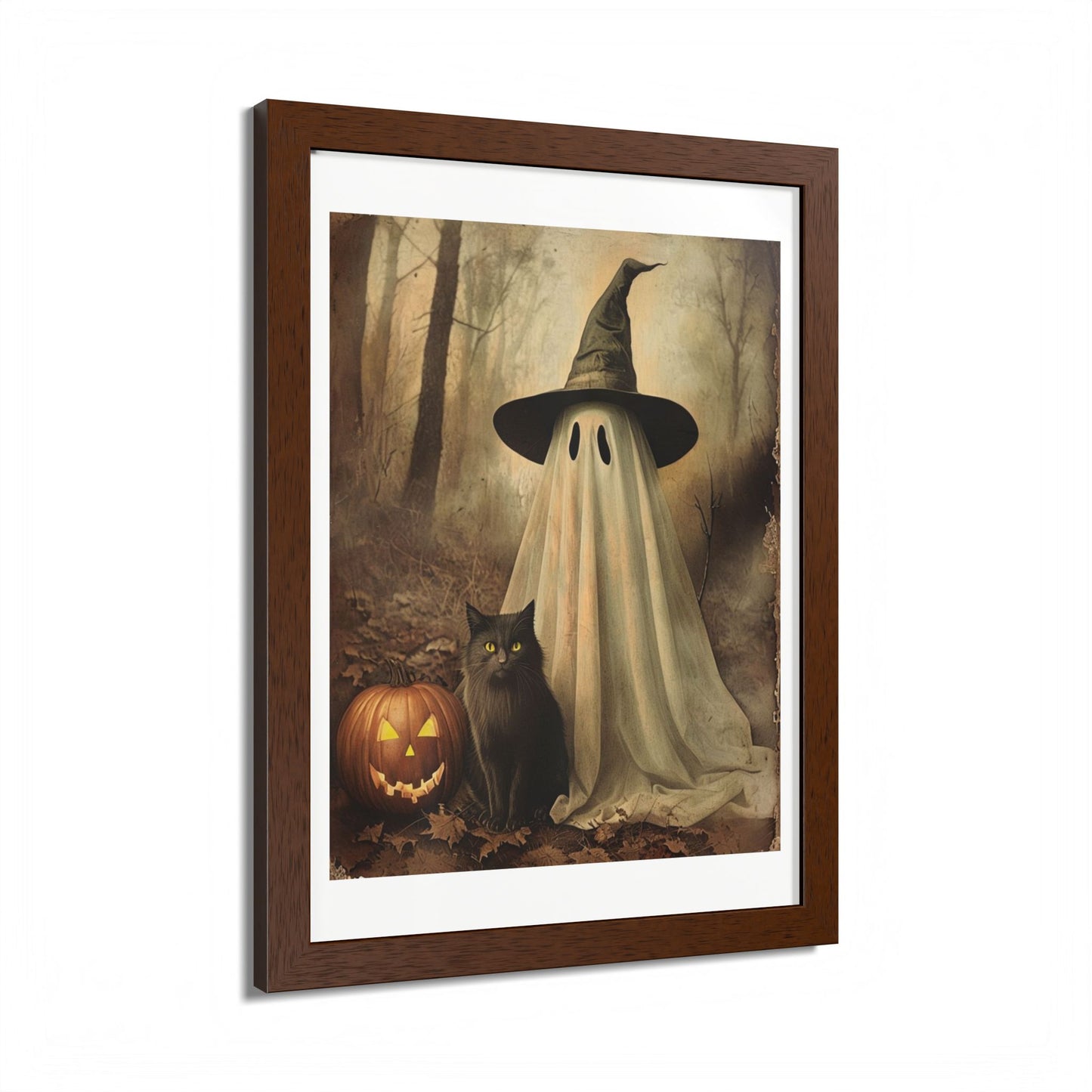 Halloween Framed Poster, Ghost and Cat Art, Spooky Home Decor, Fall Decoration, Trick or Treat, Halloween Wall Art, Framed Print