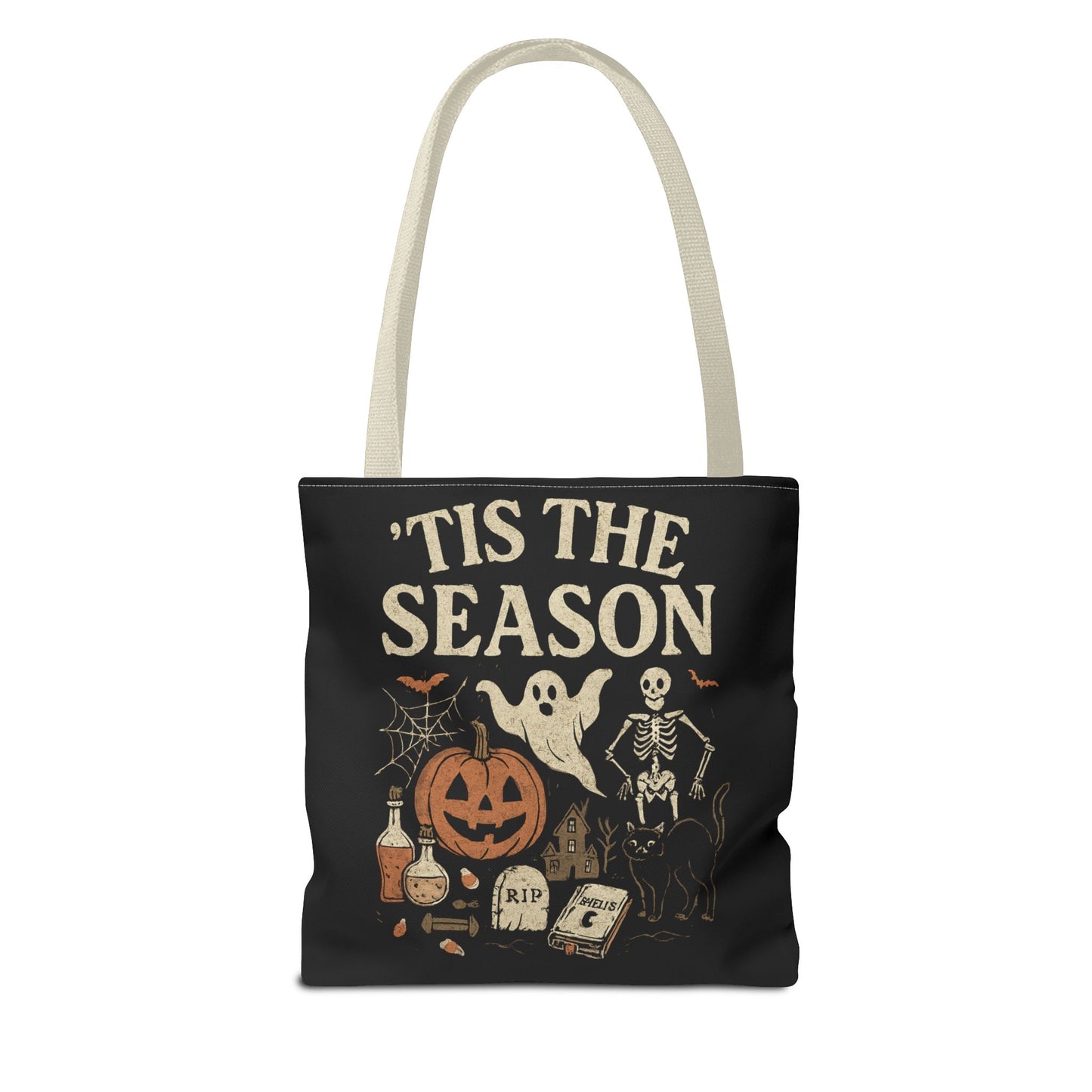 'Tis the Season Halloween Tote Bag, Spooky Bag, Trick or Treat Bag, Autumn Accessories, Ghost & Pumpkin Design Tote Bags