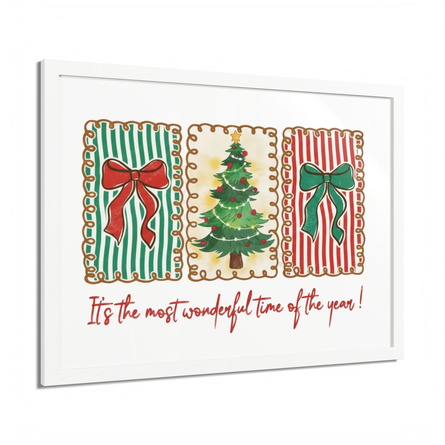 Festive Christmas Tree & Bow Design | It’s the Most Wonderful Time of the Year – Holiday Shirt, Mug, Tote & Home Decor Framed Print