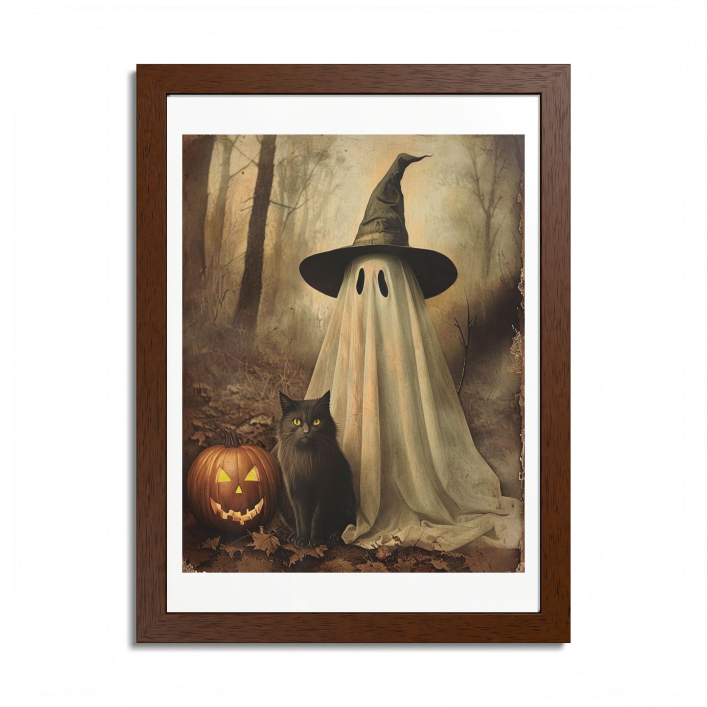 Halloween Framed Poster, Ghost and Cat Art, Spooky Home Decor, Fall Decoration, Trick or Treat, Halloween Wall Art, Framed Print