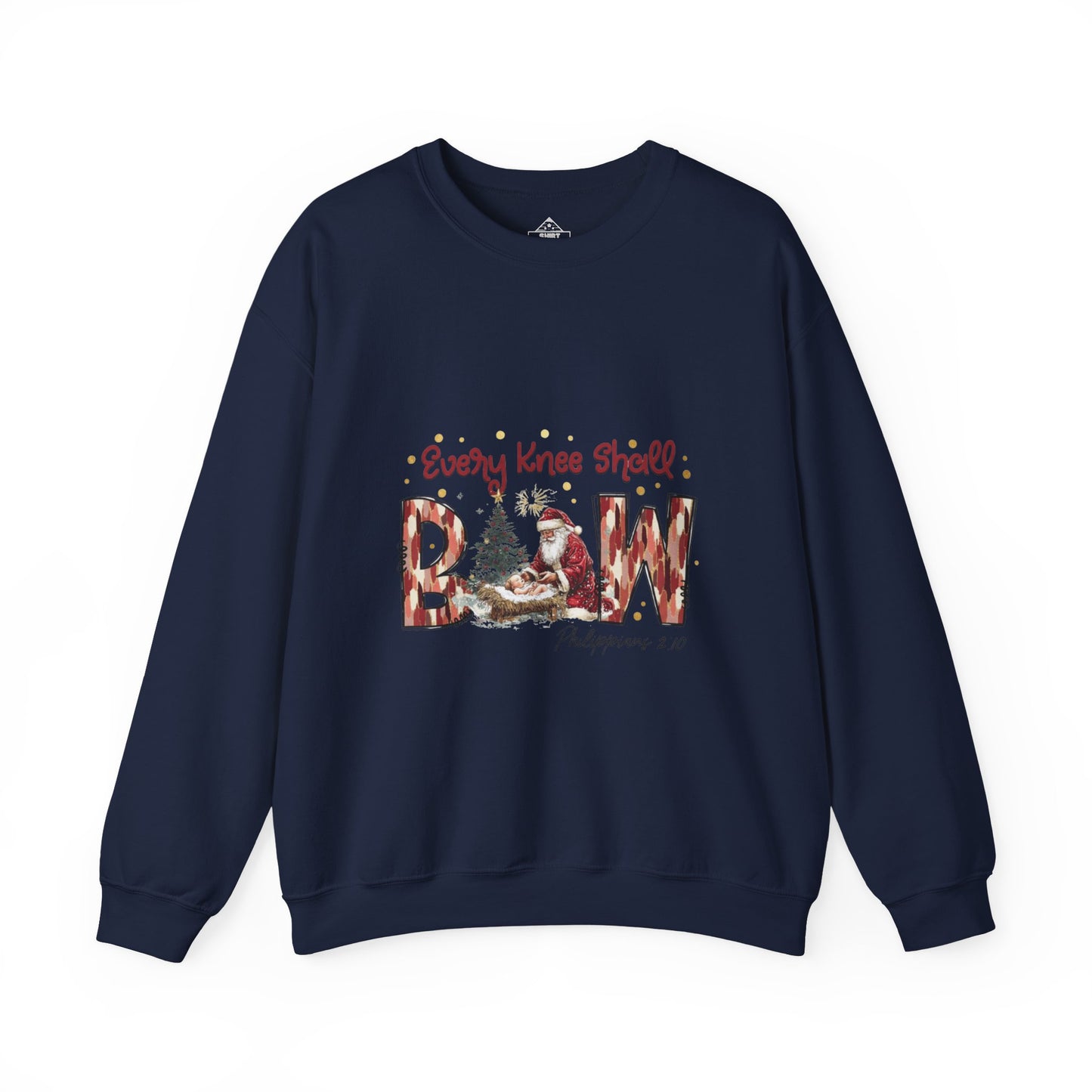 Every Knee Shall Bow Philippians 2:10 | Christian Christmas Design with Santa & Baby Jesus | Faith-Based Holiday Gift