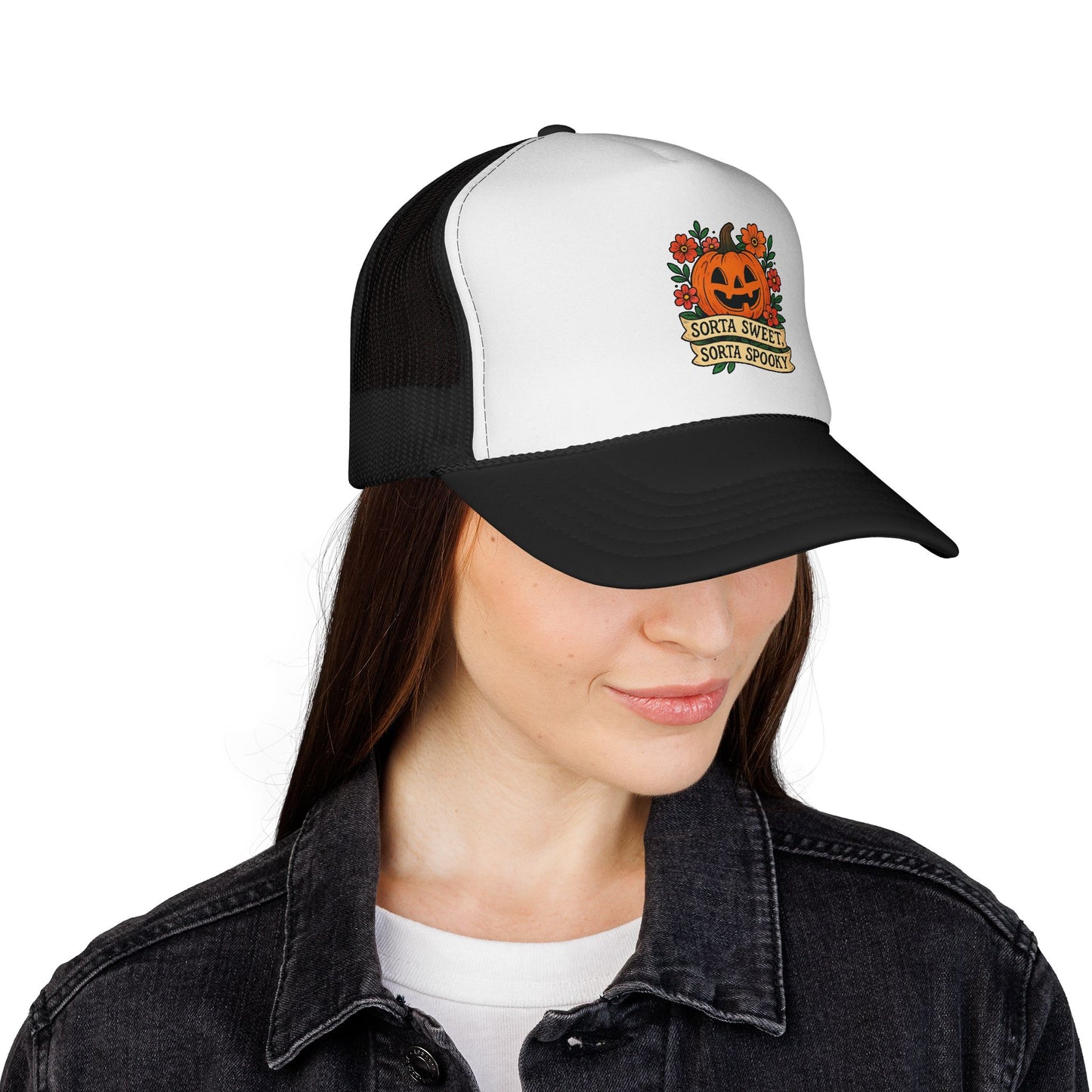 Cute Pumpkin Design – Sorta Sweet, Sorta Spooky Halloween Artwork Trucker Hat printed