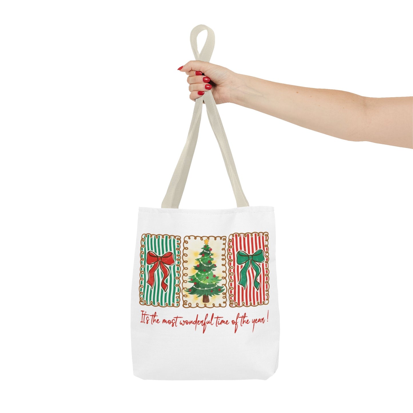 Festive Christmas Tree & Bow Design | It’s the Most Wonderful Time of the Year – Holiday Shirt, Mug, Tote & Home Decor Tote Bags