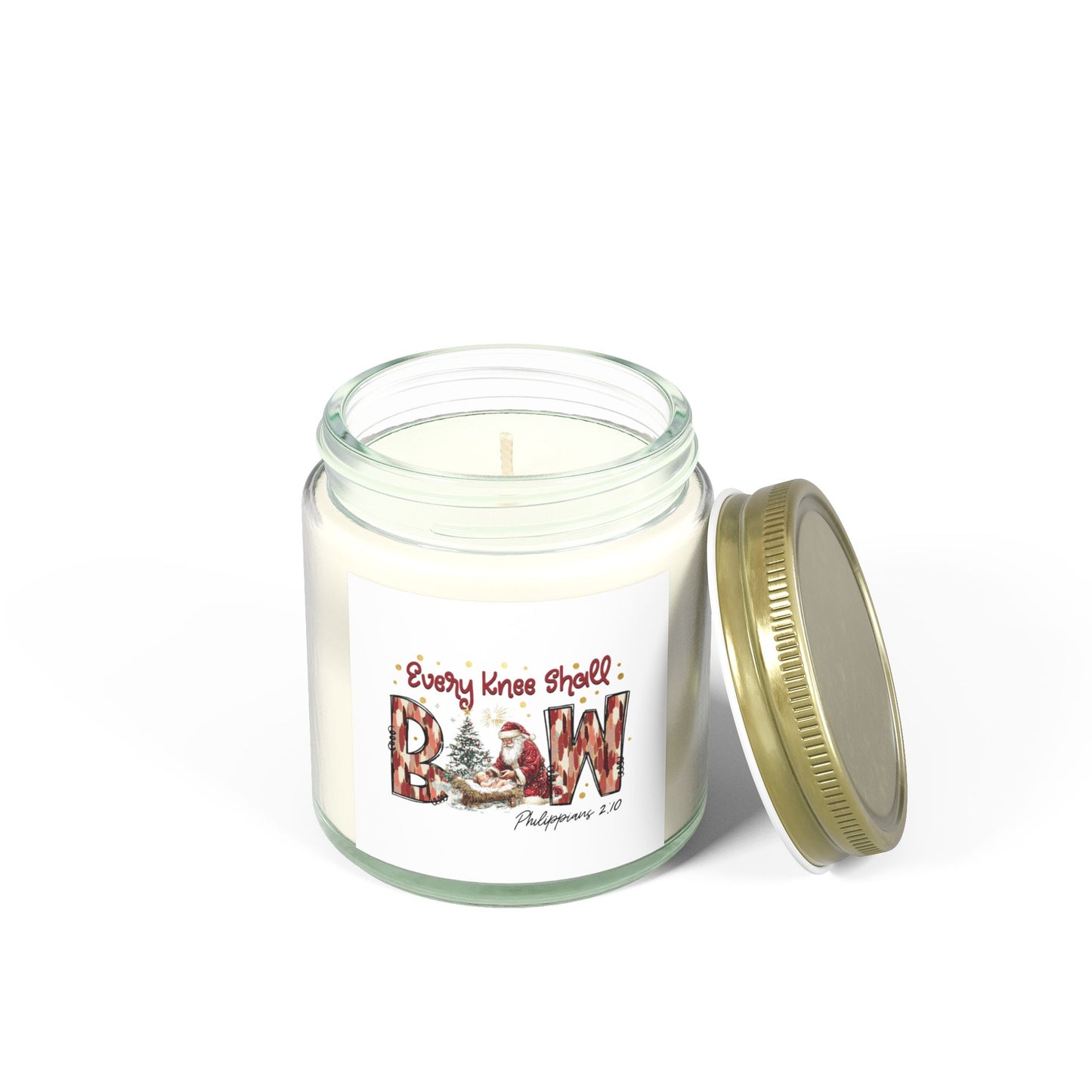 Every Knee Shall Bow Philippians 2:10 | Christian Christmas Design with Santa & Baby Jesus | Faith-Based Holiday Gift Candle