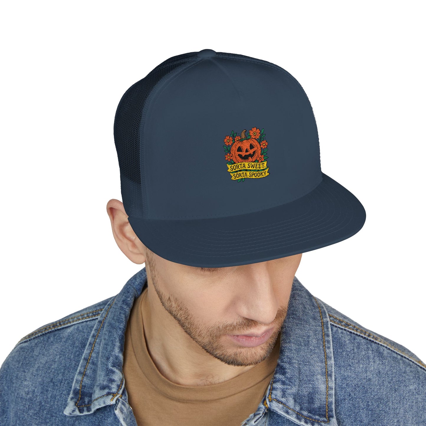 Cute Pumpkin Design – Sorta Sweet, Sorta Spooky Halloween Artwork 5 Panel Trucker