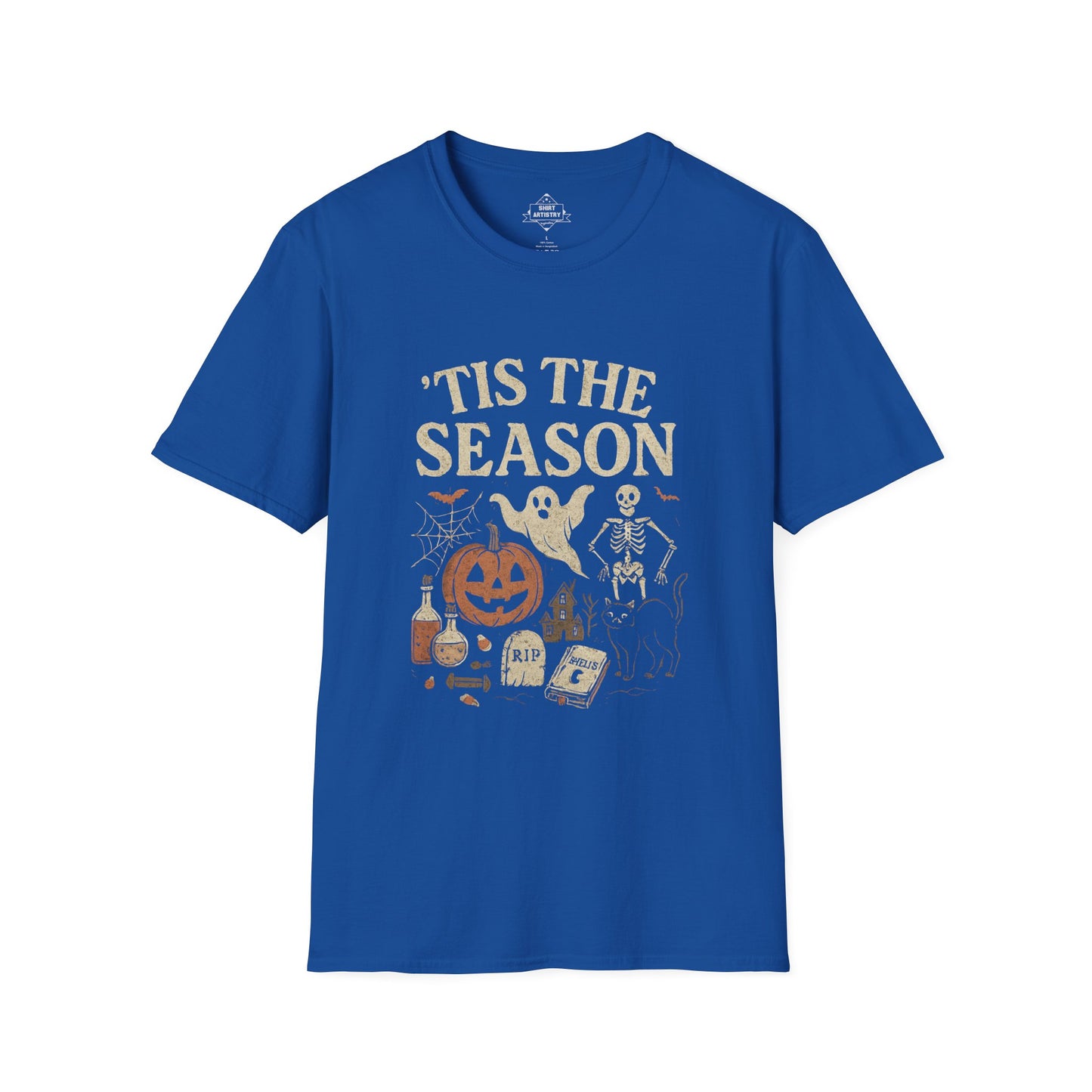 ‘Tis the Season Halloween T‑Shirt | Vintage Spooky Season Shirt with Ghost, Skeleton & Pumpkin | Retro Halloween Graphic Tee for Fall