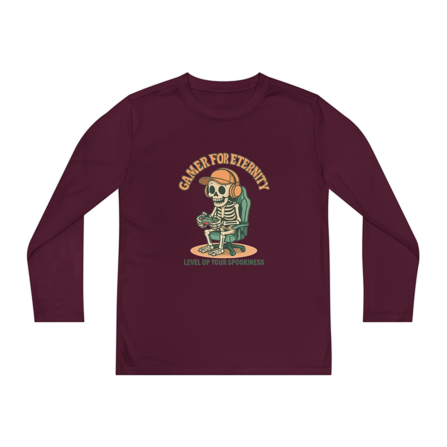 Youth Long Sleeve Gamer Tee | Spooky Skeleton Theme, Perfect for Halloween or Gaming Events, Kids Graphic Shirt, Unisex Casual Wear, Kids Long Sleeves