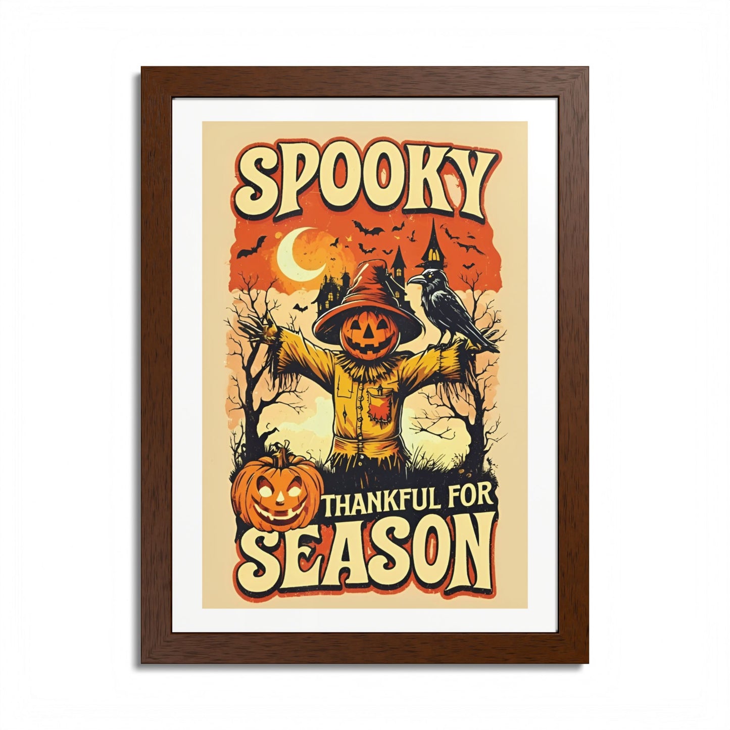 Spooky Thankful for the Season Wall Art – Halloween Pumpkin Scarecrow Poster | Autumn Fall Décor Framed Print