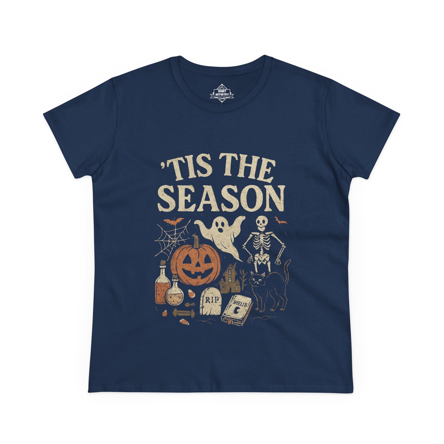 ‘Tis the Season Halloween T‑Shirt | Vintage Spooky Season Shirt with Ghost, Skeleton & Pumpkin | Retro Halloween Graphic Tee for Fall