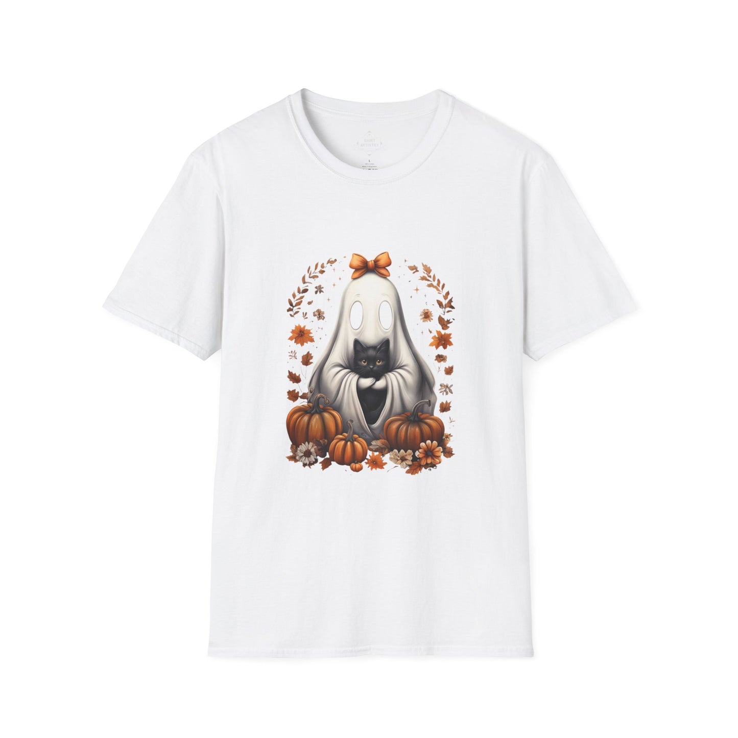 Cute Ghost and Black Cat Halloween Art | Cozy Pumpkin Fall Aesthetic Design | Spooky Cute Autumn Illustration