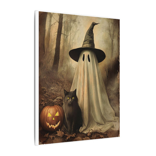 Halloween Ghost Art Canvas Print, Spooky Home Decor, Cat & Pumpkin Wall Art, Witchy Vibe, Fall Season Decoration, Trick or Treat, Canvas Print