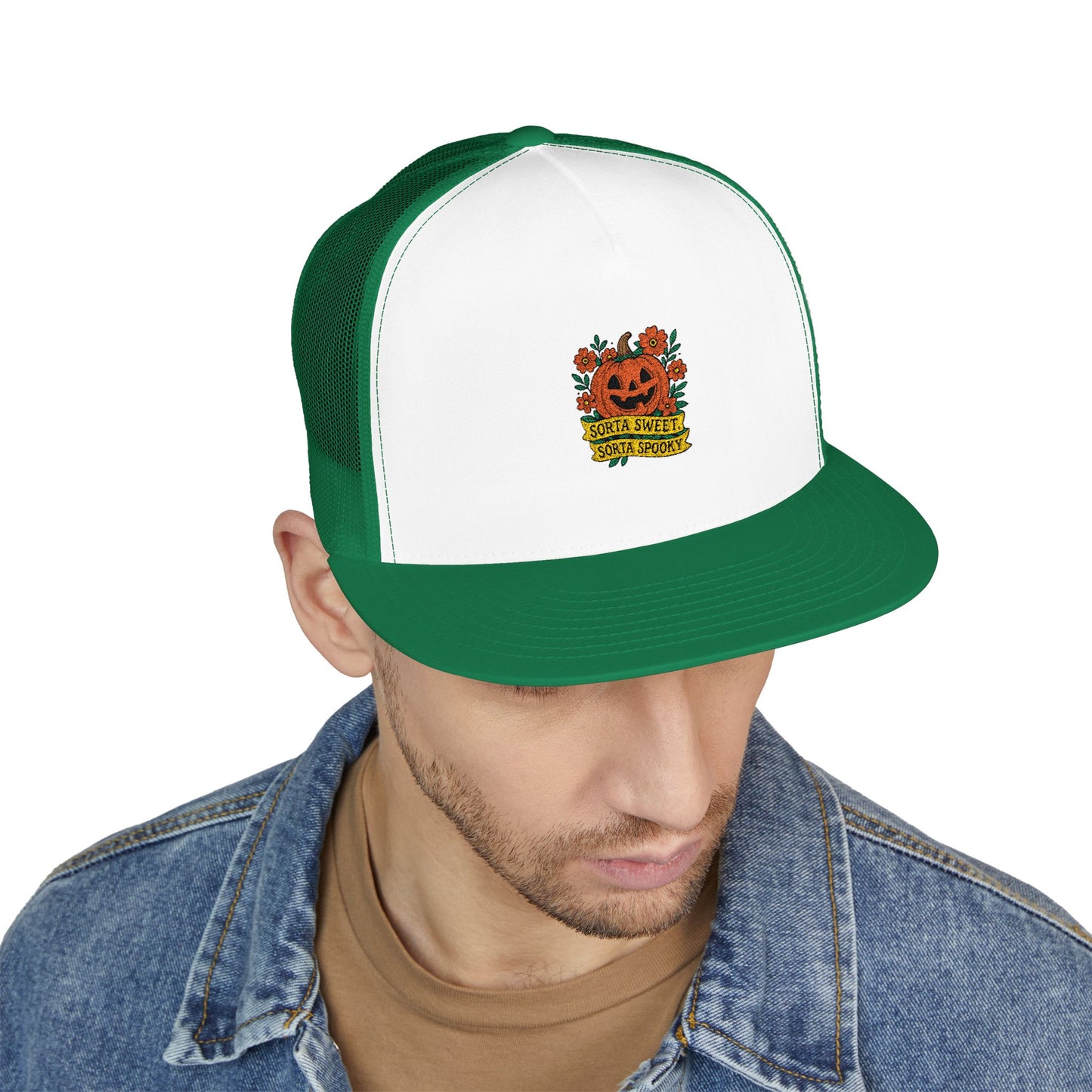 Cute Pumpkin Design – Sorta Sweet, Sorta Spooky Halloween Artwork 5 Panel Trucker