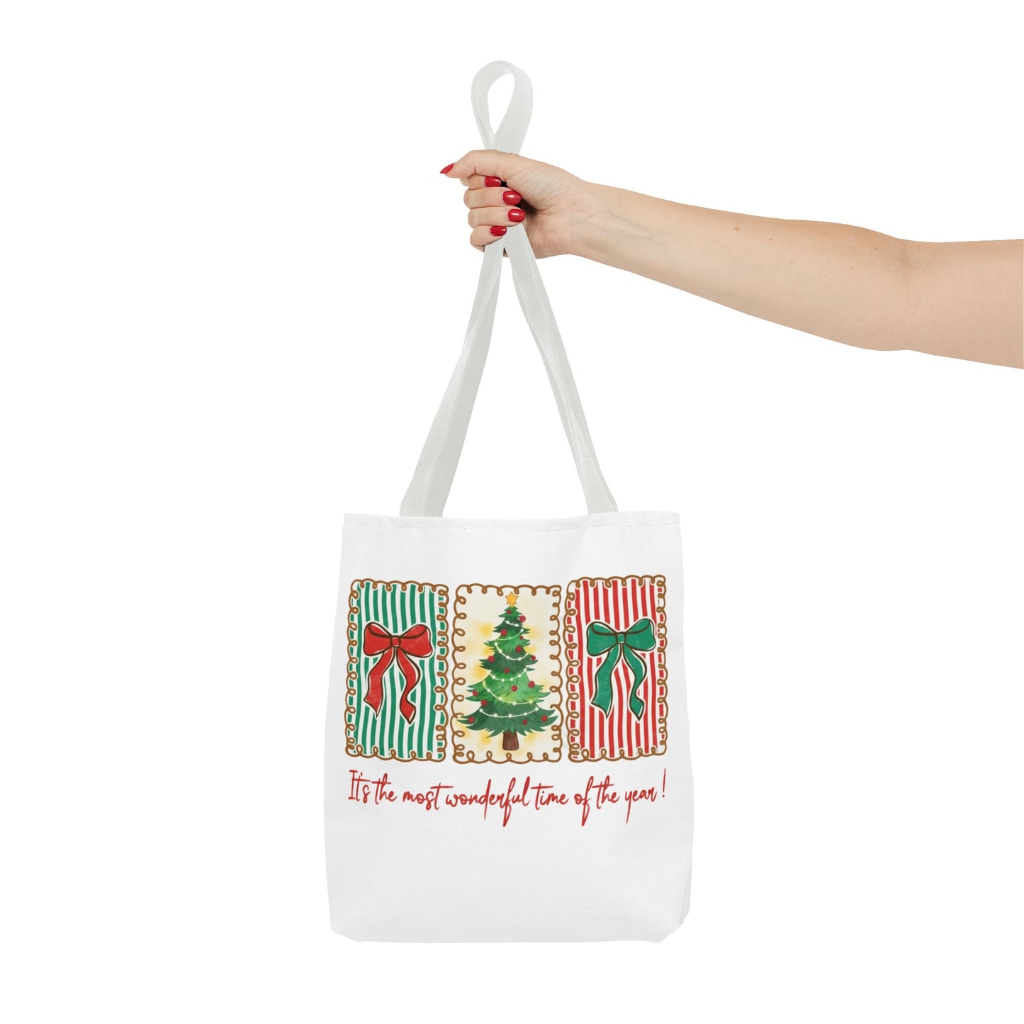 Festive Christmas Tree & Bow Design | It’s the Most Wonderful Time of the Year – Holiday Shirt, Mug, Tote & Home Decor Tote Bags