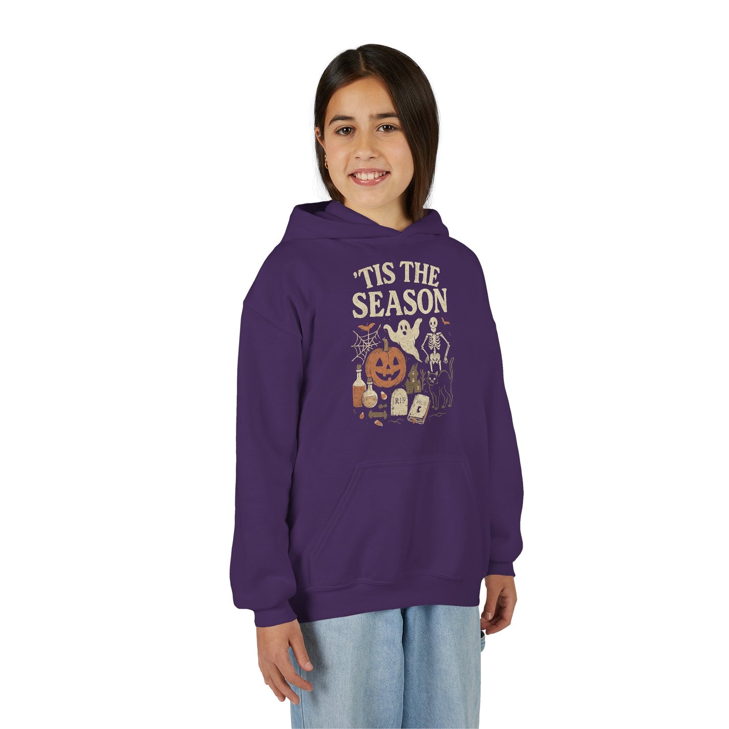 ‘Tis the Season Halloween  | Vintage Spooky Season Shirt with Ghost, Skeleton & Pumpkin | Retro Halloween Graphic Tee for Fall Kids Hoodie